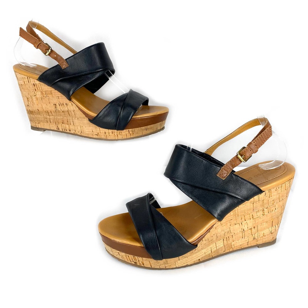 Corso Como Cork Wedge Sandals Black Brown Leather Platform Colorblock 8.5
